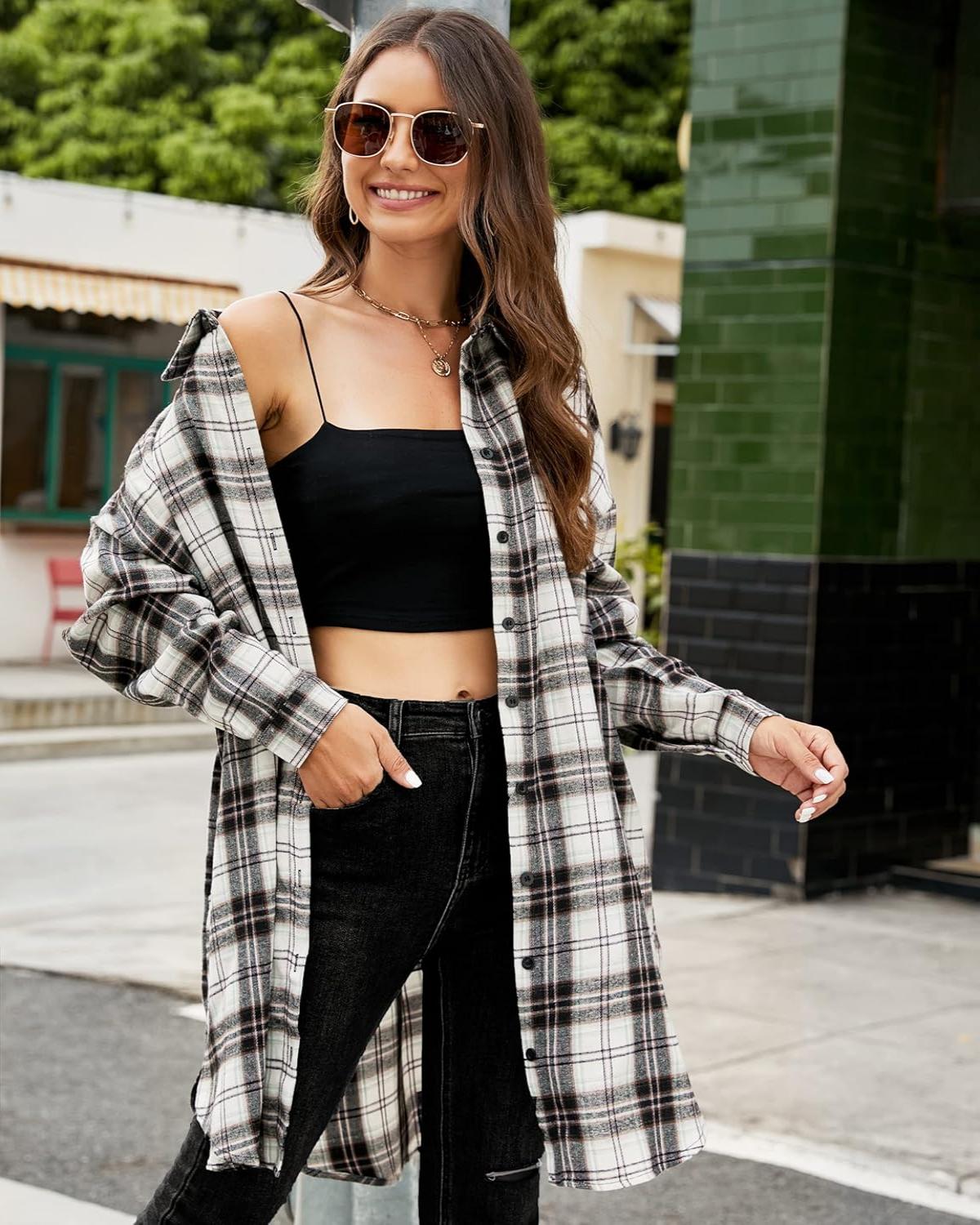 Women's Button Down Flannel Shirts Plaid Shacket  Collared Long Jacket Coats(BUY 2 FREE SHIPPING)