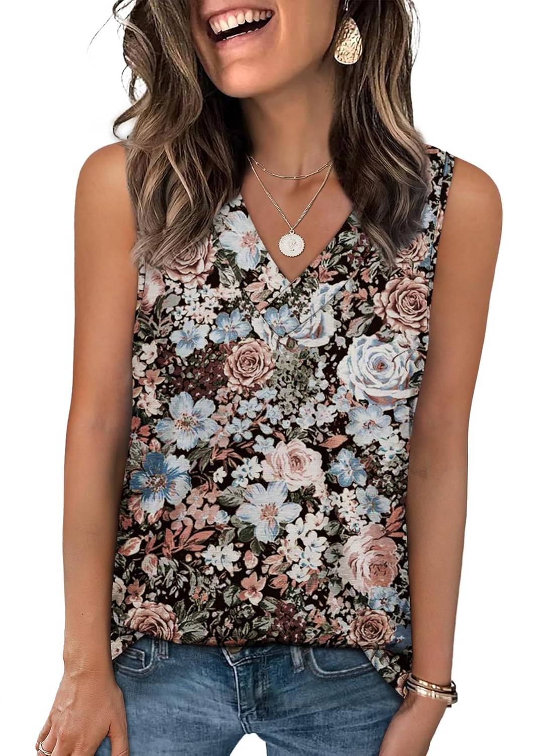 Women Summer Loose Fit V Neck T Shirts Trendy Sleeveless Basic Tank Tops 