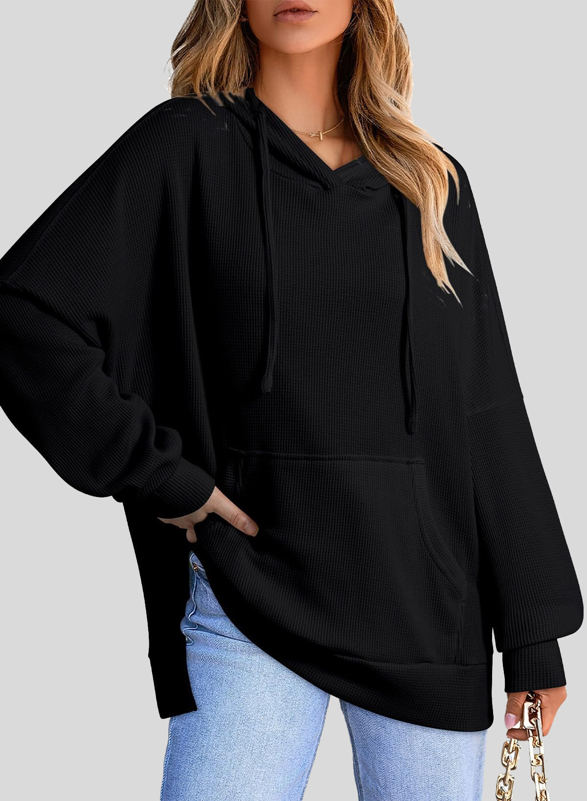 Oversized Hoodies for Women Waffle Knit Drawstring Side Slit Pullover Sweatshirts with Pocket (Final Days: Big Savings!!!)