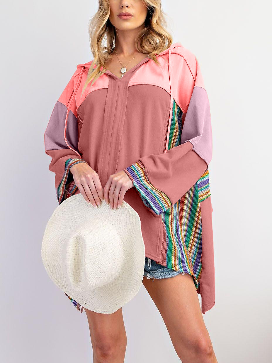 Colorblock Long Sleeve Top with Rainbow Crochet Details(Buy 2 Free Shipping)