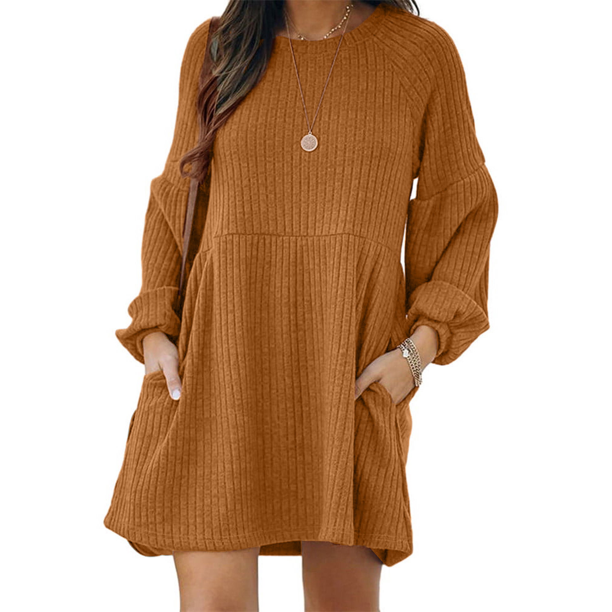 Minimalist Chic Plain Textured Ribbed Pocket Bishop Sleeve Crewneck Dress