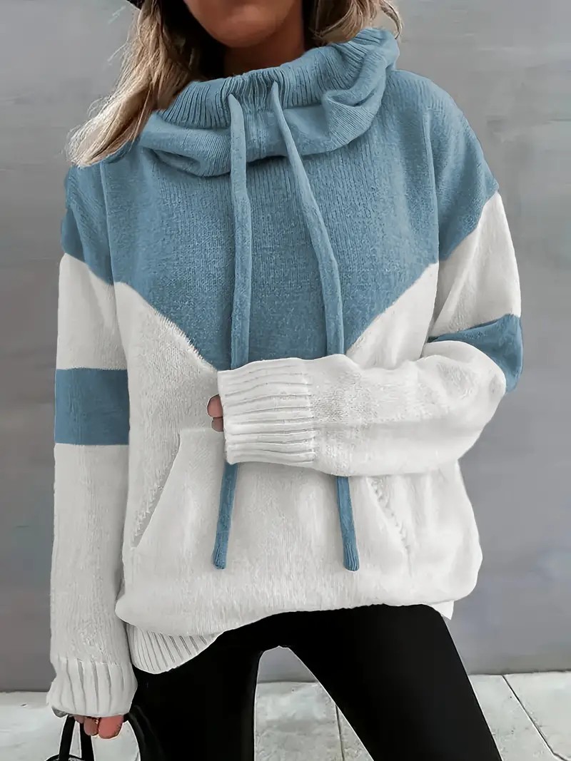 Cozy Color Block Knit Hoodie with Drawstring Details (Final Days: Big Savings!!!)