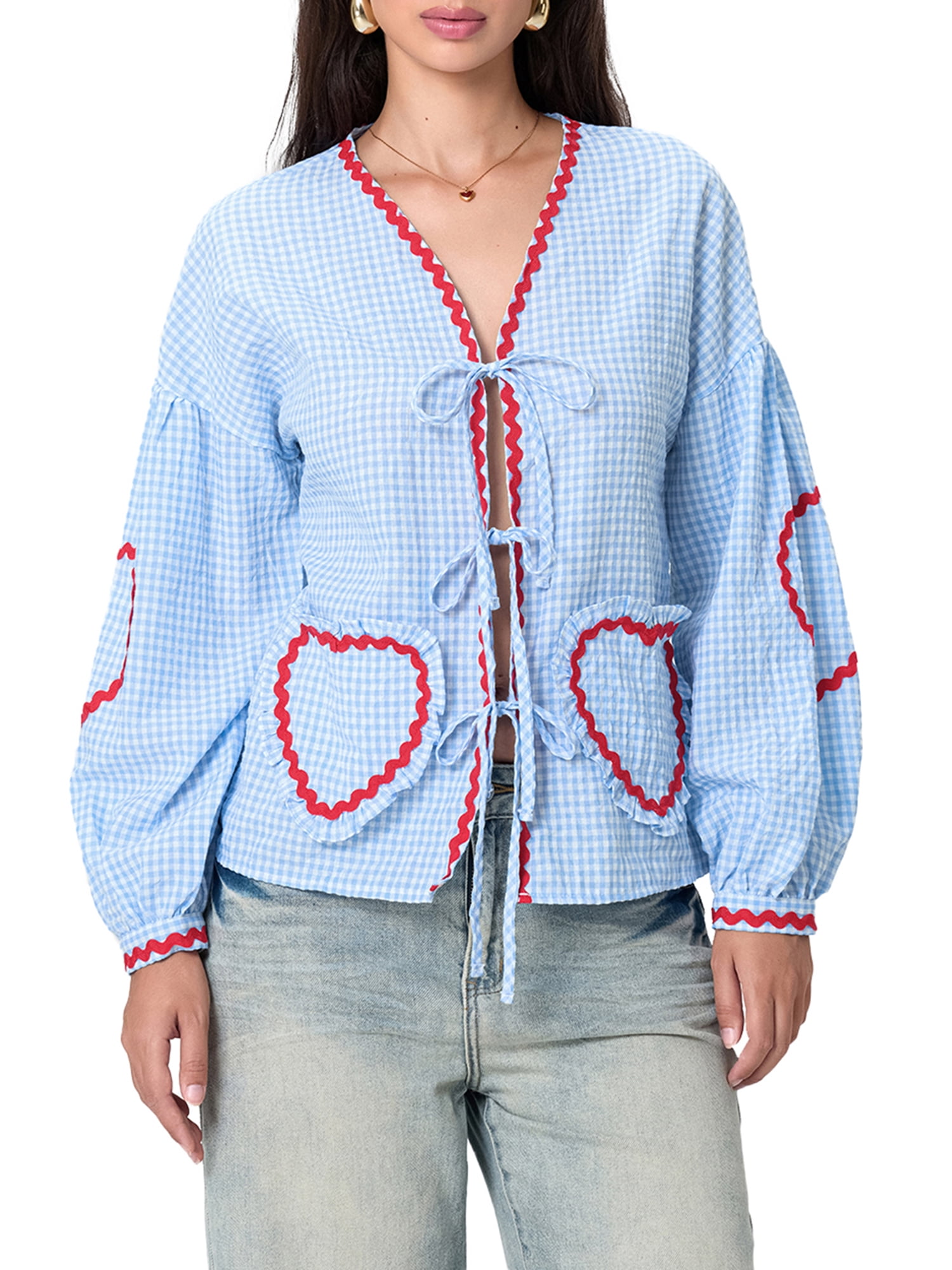 Women Cute Plaid Blouses Long Sleeve V-Neck Bow Tie Front Tops with Pockets