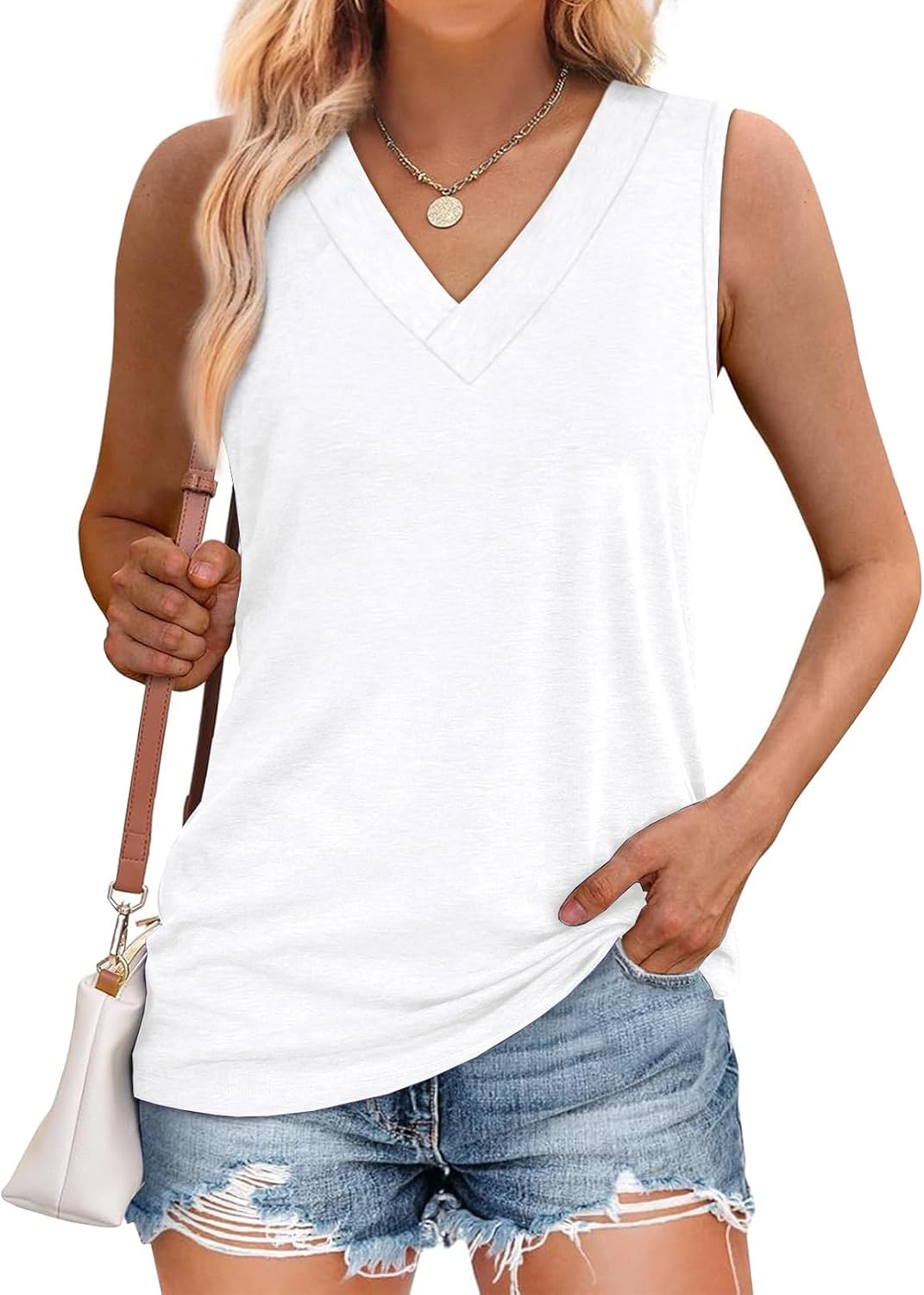 Women Summer Loose Fit V Neck T Shirts Trendy Sleeveless Basic Tank Tops 