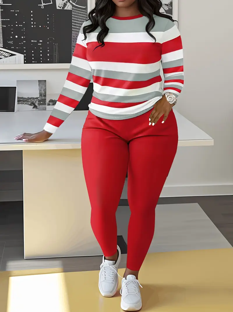 Women's Casual Striped Crew Neck Sweater & Solid Color Pants Set