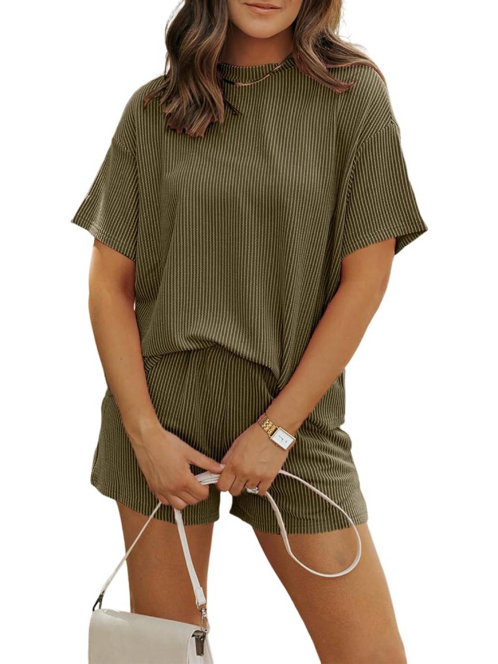 Women's Ribbed Textured Knit Loose Lounge Shorts 2 Piece Set