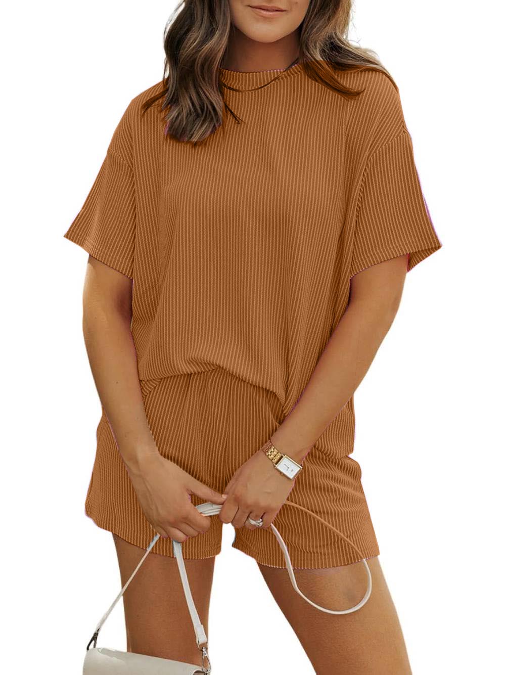 Women's Ribbed Textured Knit Loose Lounge Shorts 2 Piece Set