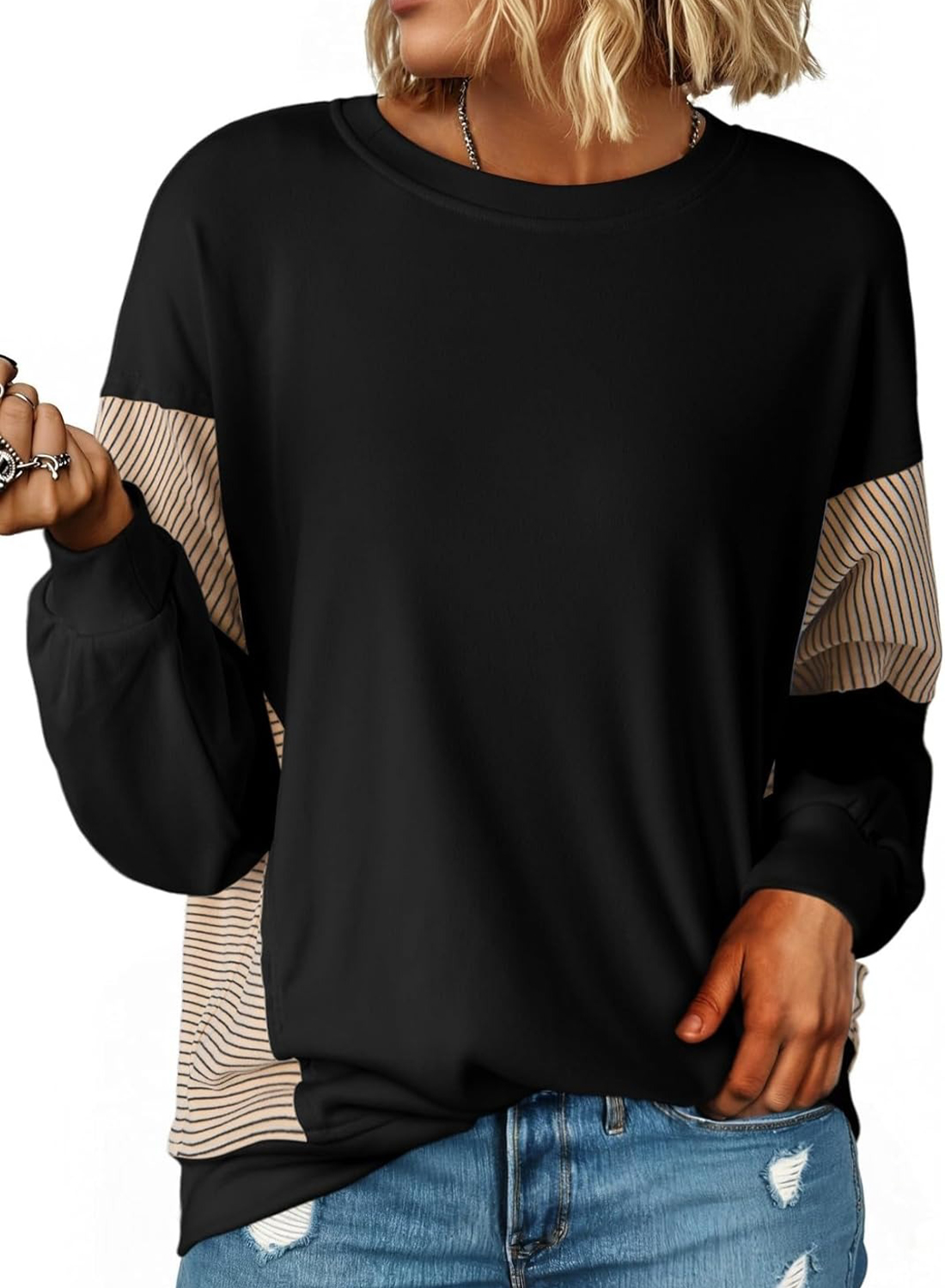 Women's Crewneck Patchwork Stripe Long Sleeve Pullover Sweatshirts