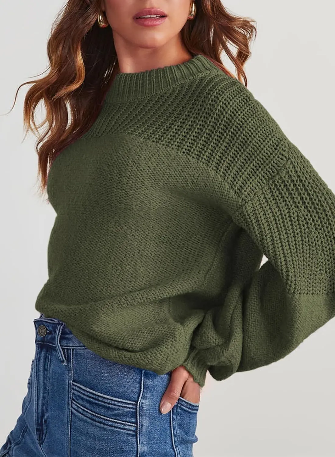 Women's Casual Long Sleeve Loose Crewneck Knit Solid Sweaters  (Buy 2 Free Shipping)
