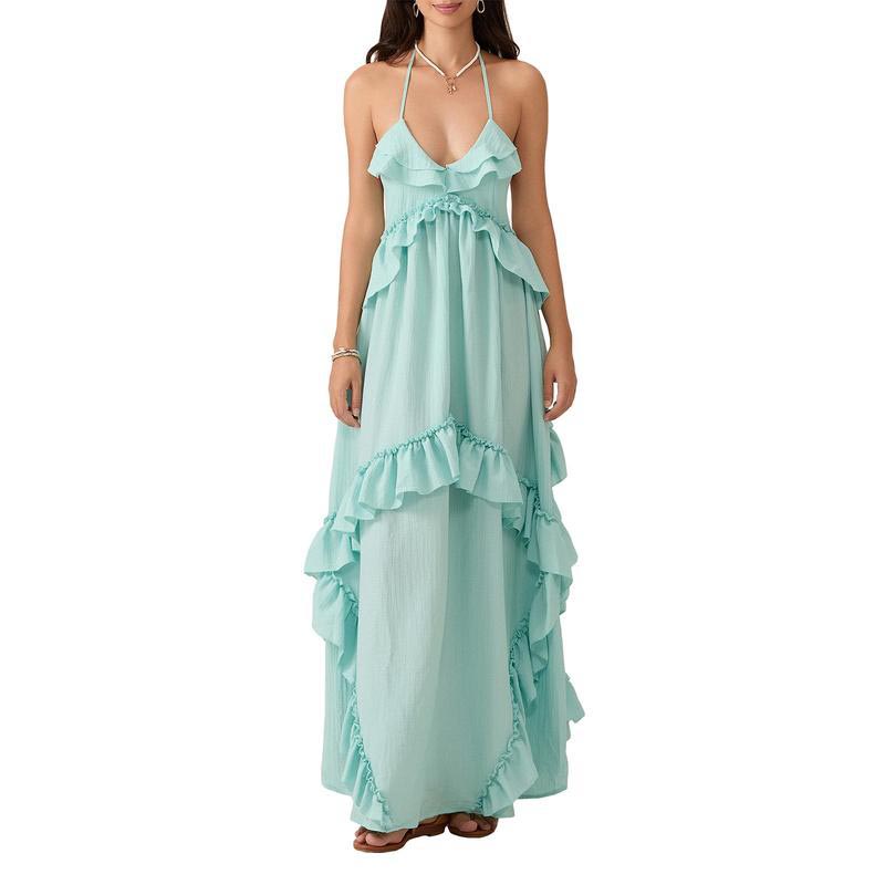 Women Sleeveless Halter Dress Backless Ruffled Summer Swing Dress 