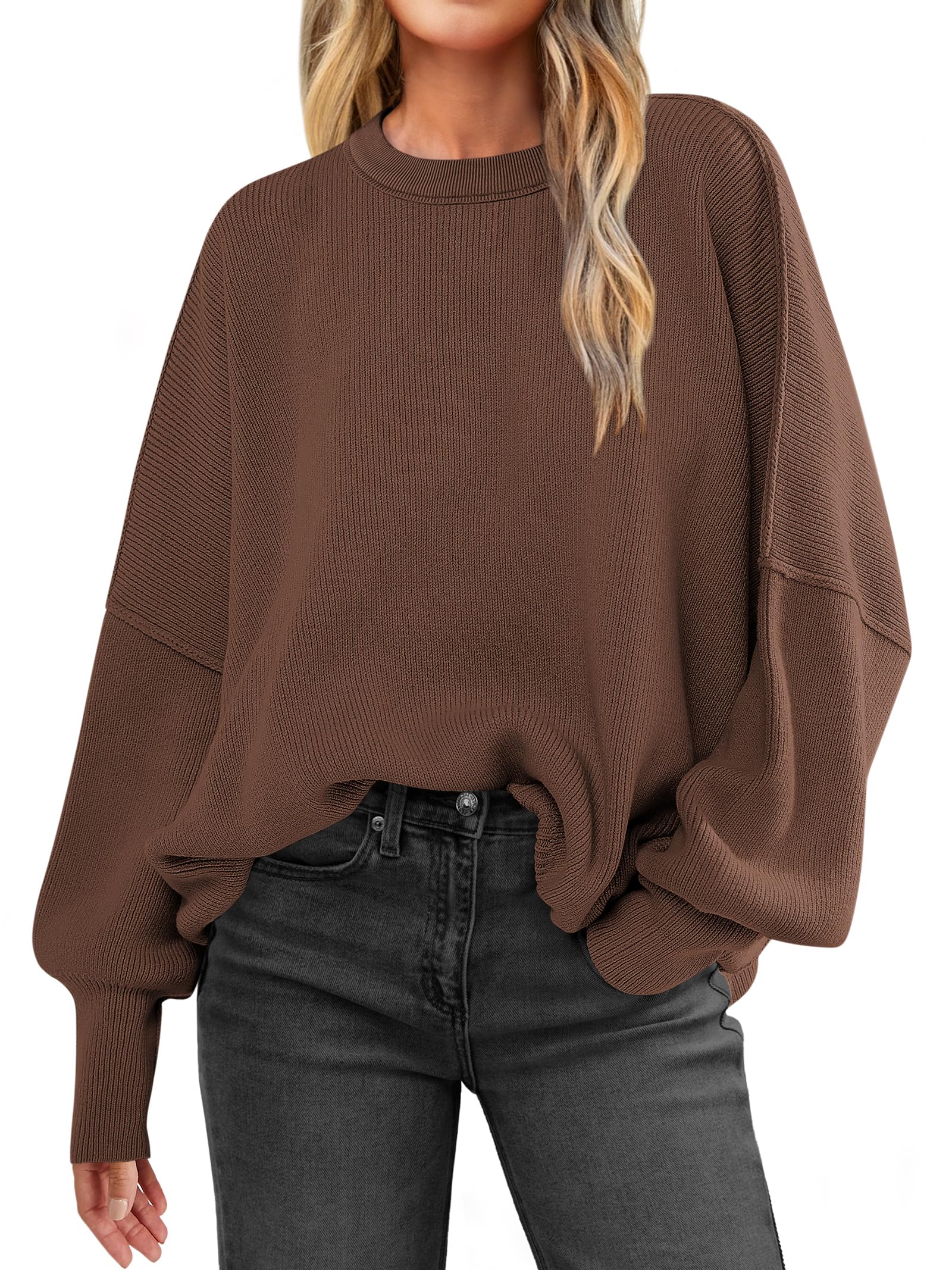 Women Oversized Side Slit Ribbed Knit Pullover Sweaters Top 