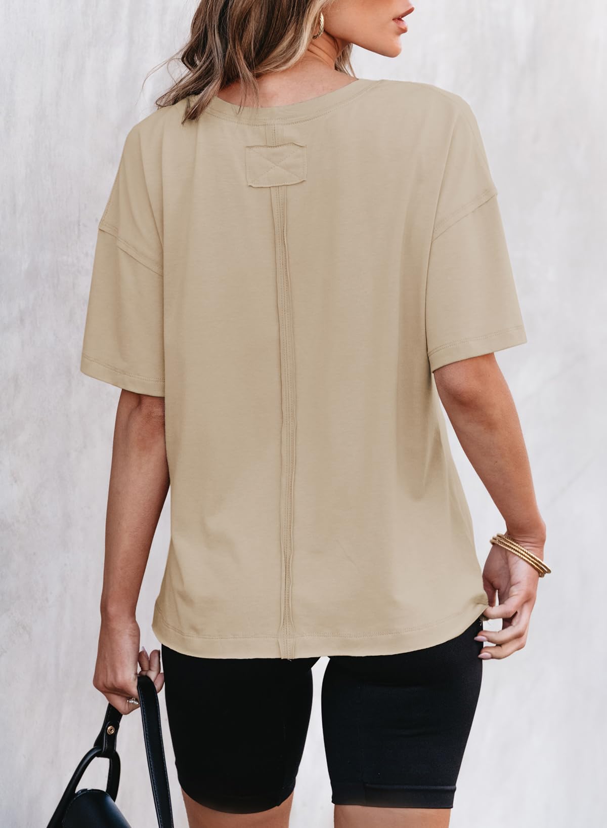 Round neck solid color short sleeve back spliced T-shirt cotton tee