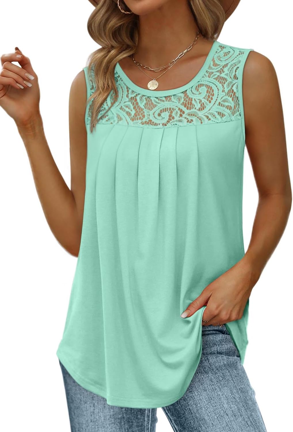 Women's Loose Fit Pleated Scoop Neck Sleeveless Lace Tank Tops (Buy 3 Free Shipping)
