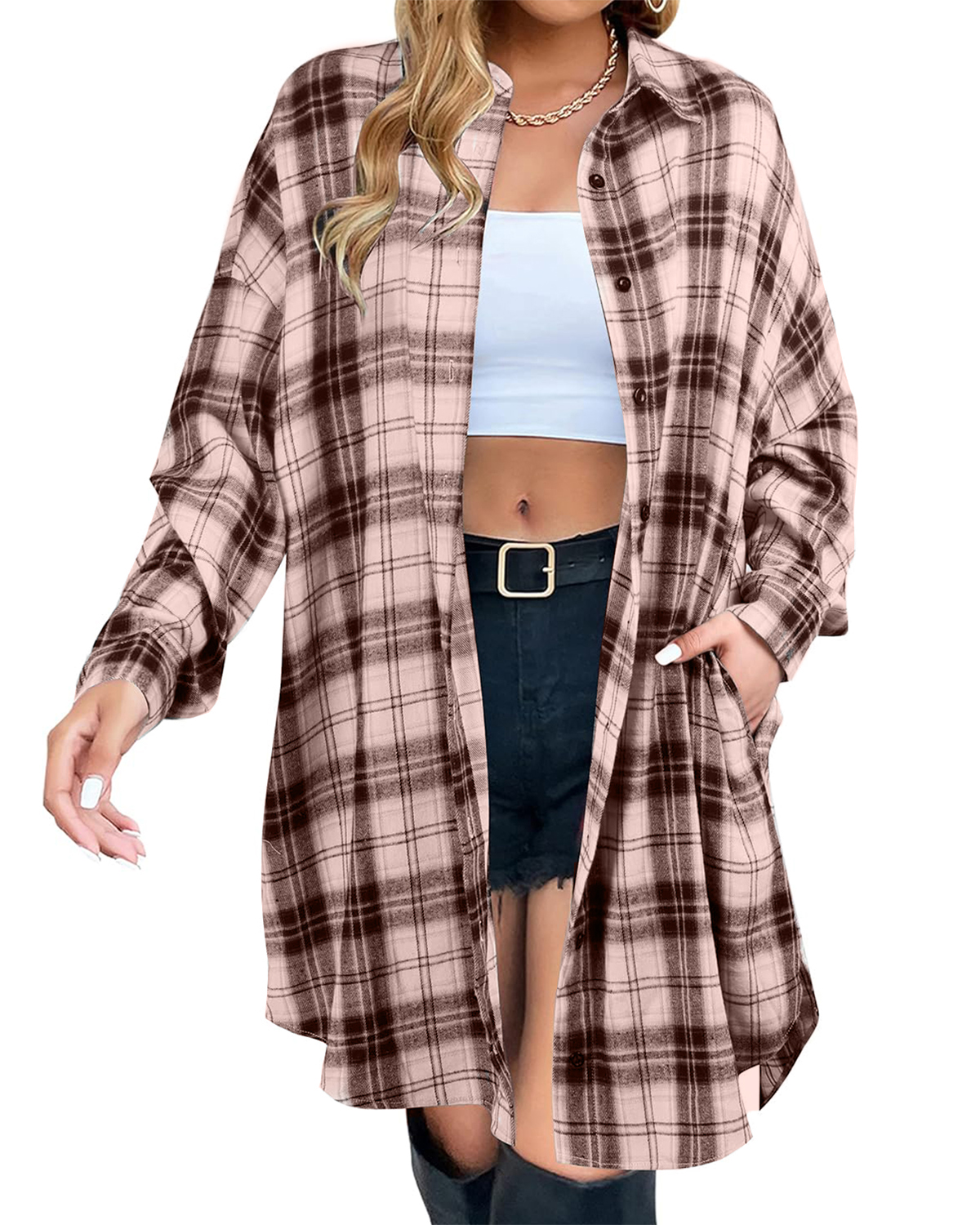 Women's Button Down Flannel Shirts Plaid Shacket  Collared Long Jacket Coats(BUY 2 FREE SHIPPING)