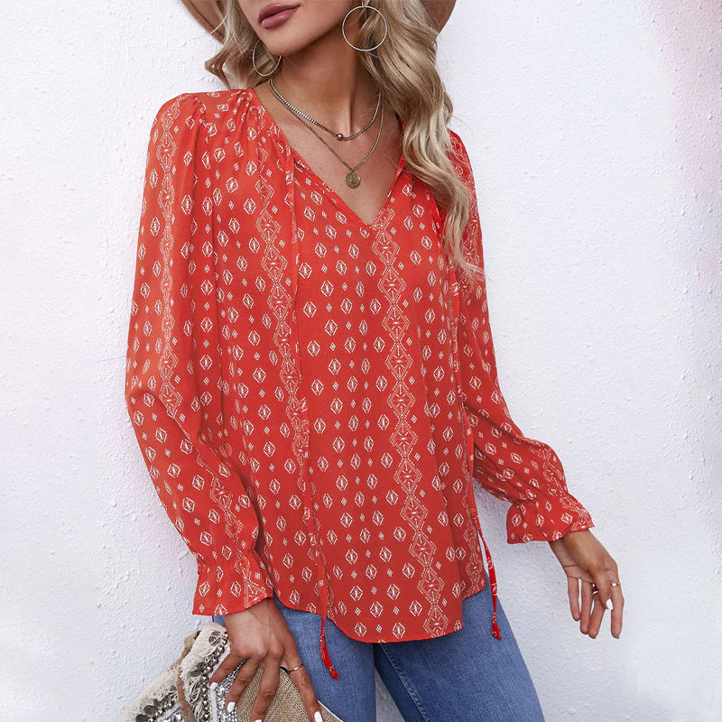 Women Boho Floral Print V Neck Drawstring Long Sleeve Blouse Top (Final Days: Big Savings!!!)