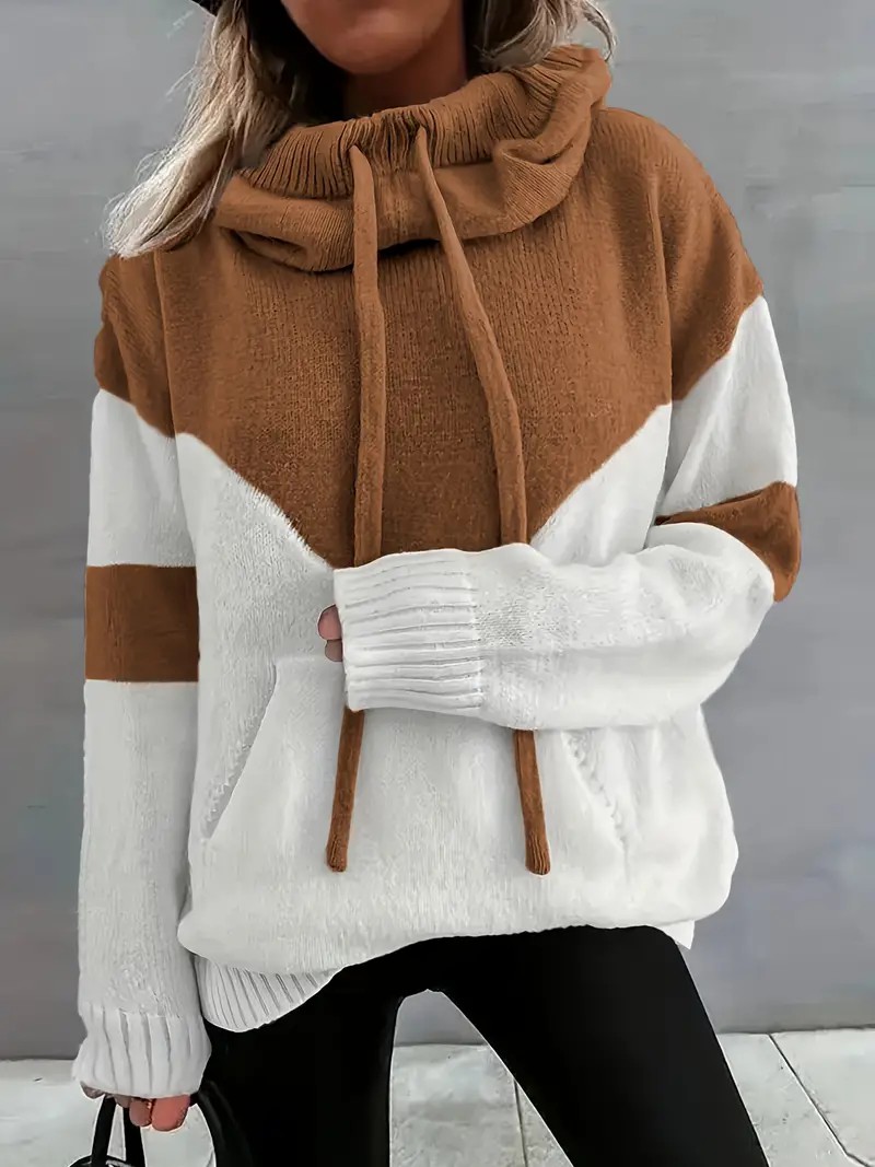 Cozy Color Block Knit Hoodie with Drawstring Details (Final Days: Big Savings!!!)