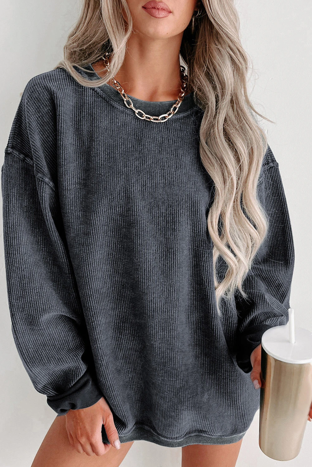  Women's Solid Color Ribbed Knit Round Neck Pullover Sweatshirt