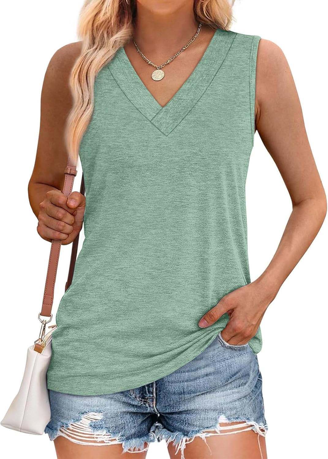 Women Summer Loose Fit V Neck T Shirts Trendy Sleeveless Basic Tank Tops 