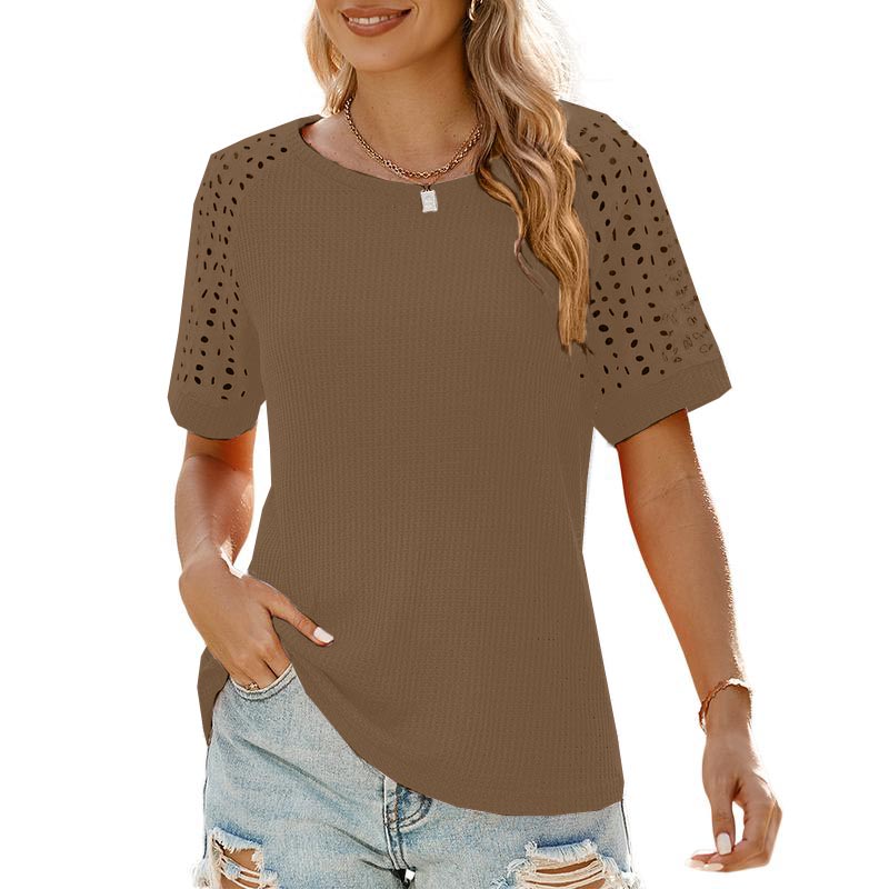 Women Casual Round Neck Waffle Grid Patchwork Hollow Out Embroidered T-Shirt