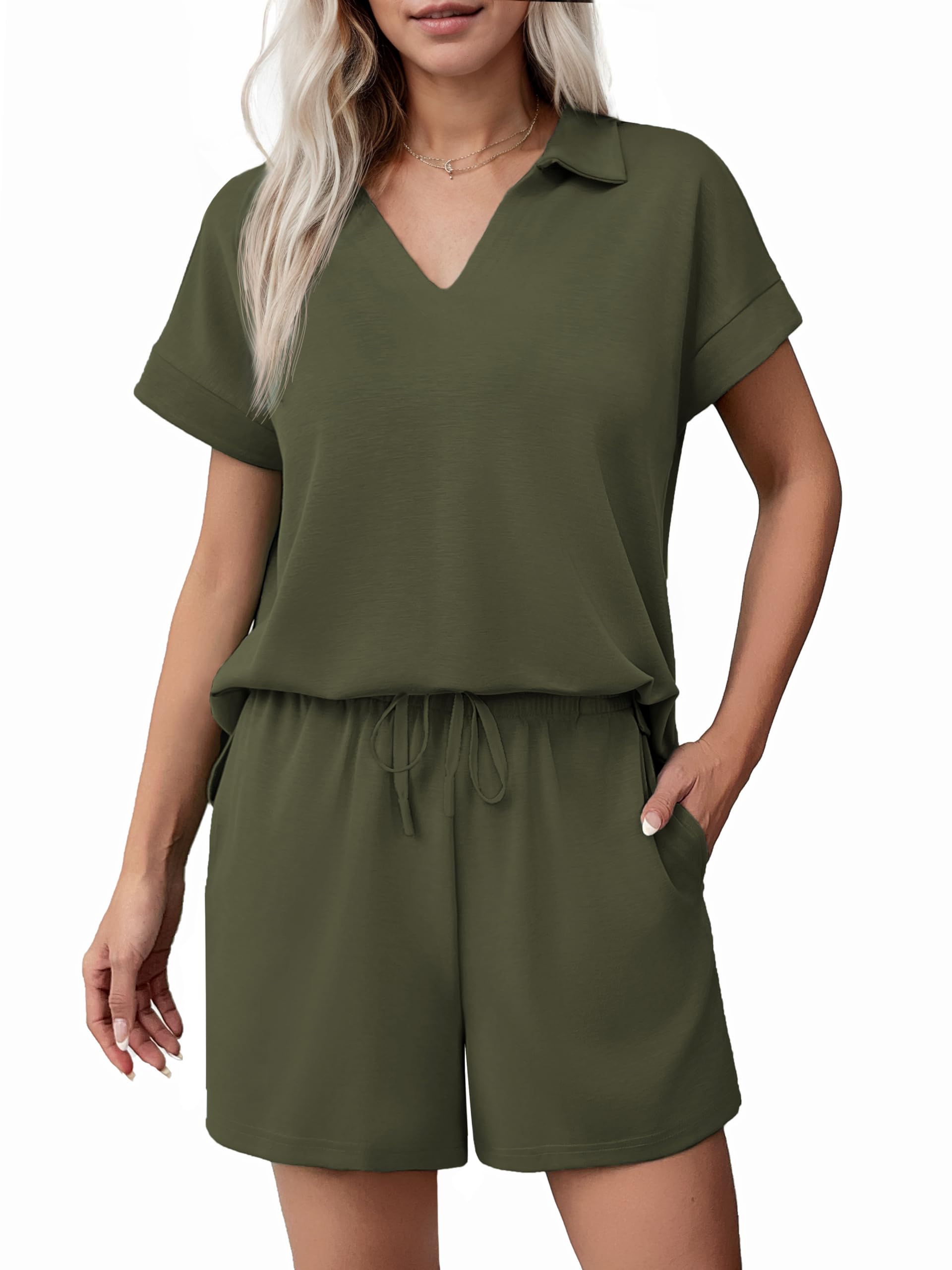 Women Summer Lounge Sets Short Sleeve Sweatshirt V-neck Tops and Drawstring Shorts Outfits Tracksuit (BUY 2 FREE SHIPPING!!!)