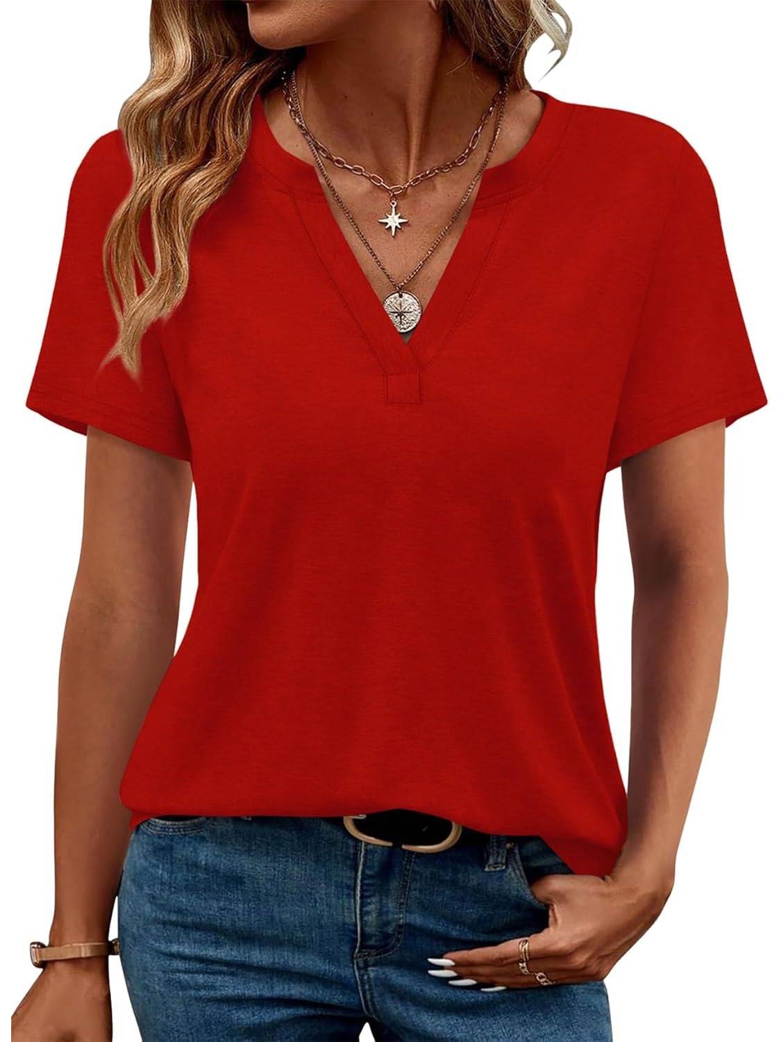Womens Short Sleeve V Neck Casual Loose Fit T-shirts 