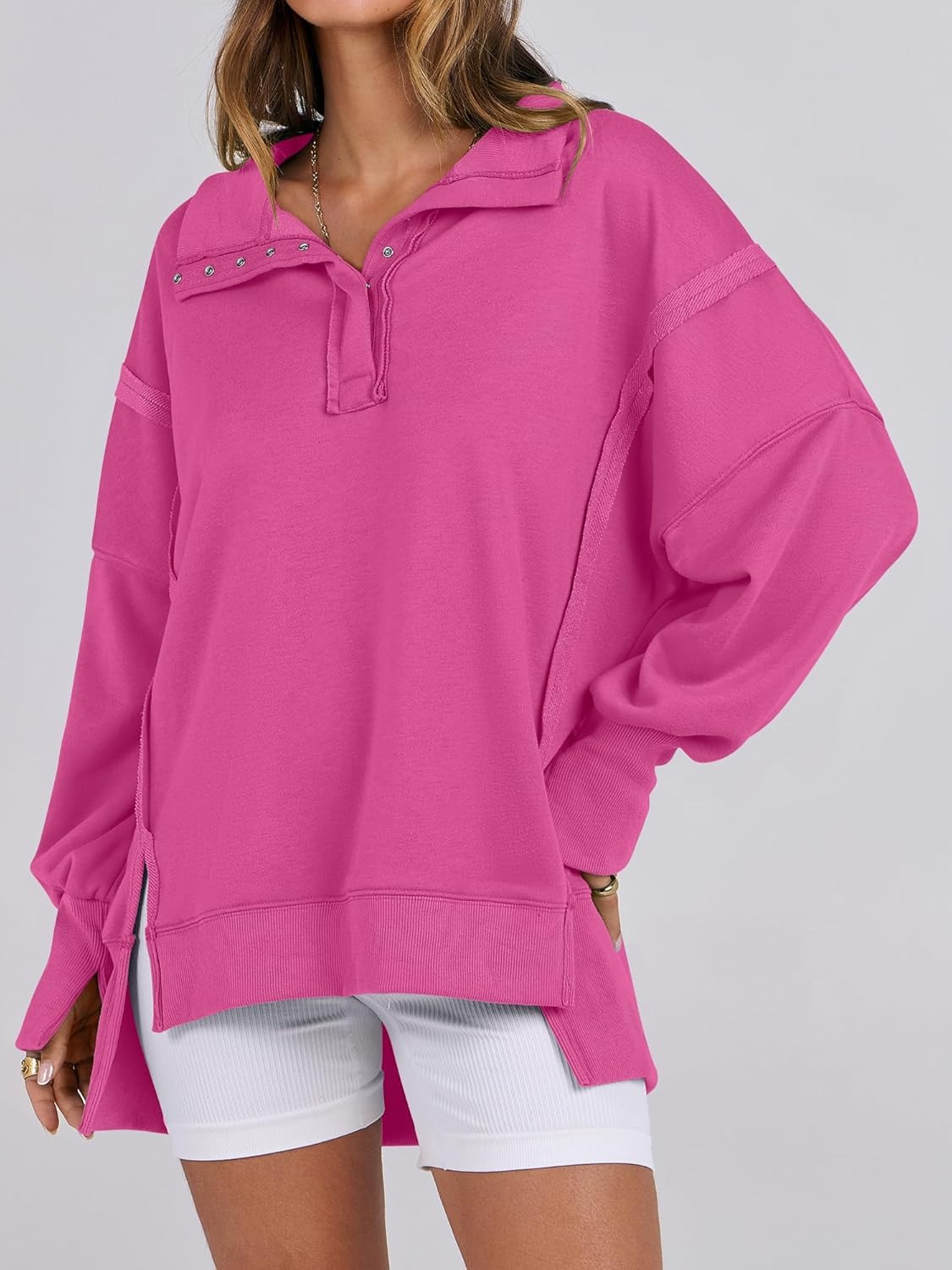 ⏰Hot Sale-Women's Oversized High Low Split Button Up Henley Pullover Top