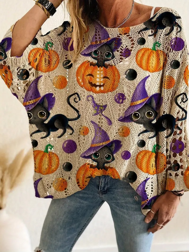 Halloween Crew Neck Pumpkin Loose Fit Long Sleeve Cutout Sweater(BUY 2 FREE SHIPPING)