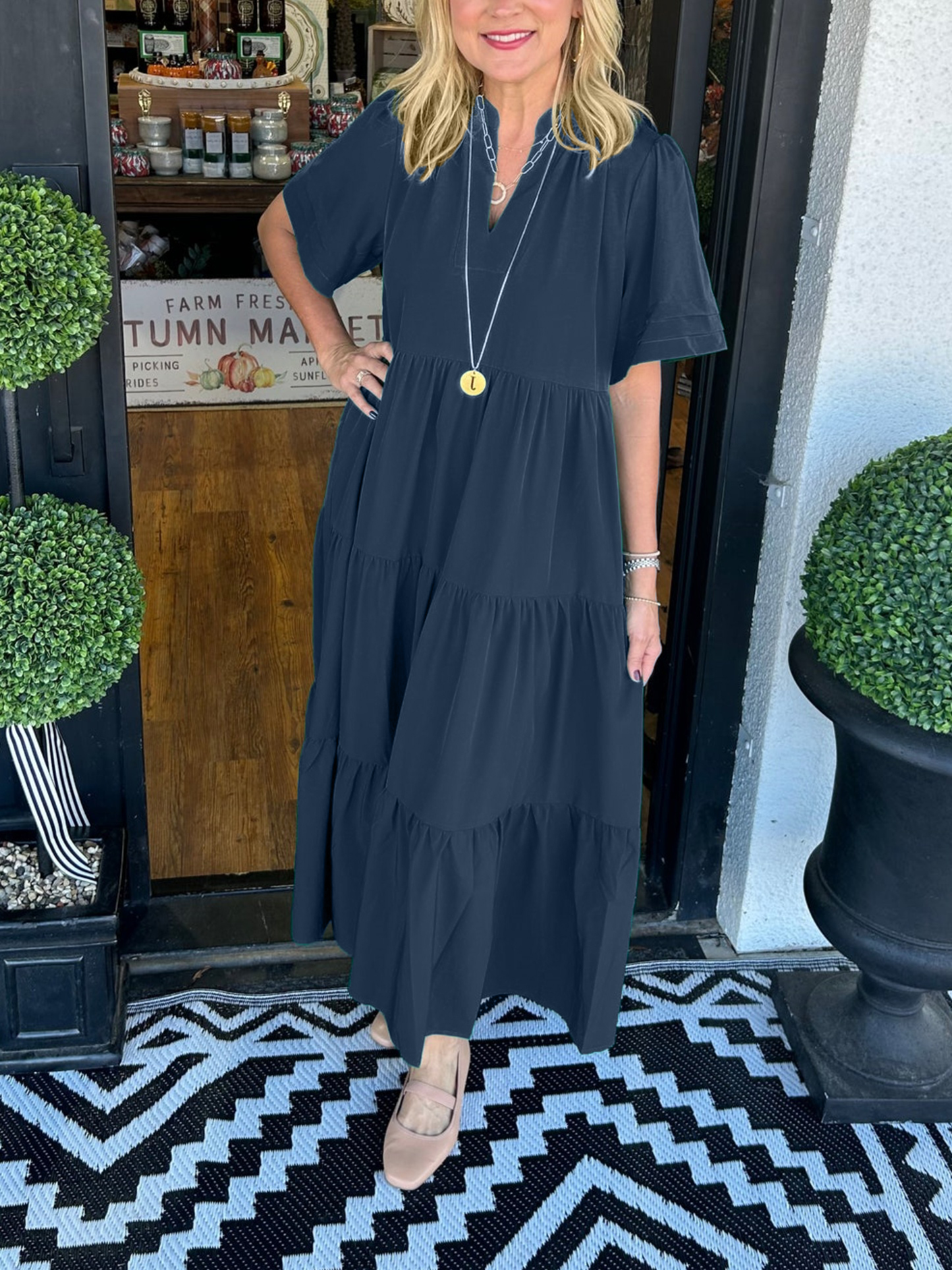 V-Neck Tiered Midi Dress with Pockets (Buy 2 Free Shipping)