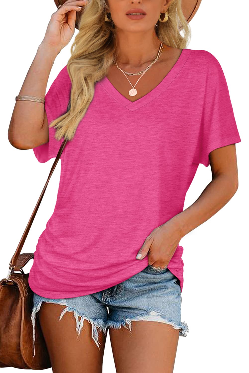 2025 New Women's Short Sleeve V Neck Dolman Tops with Side Shirring(buy 3 free shipping)