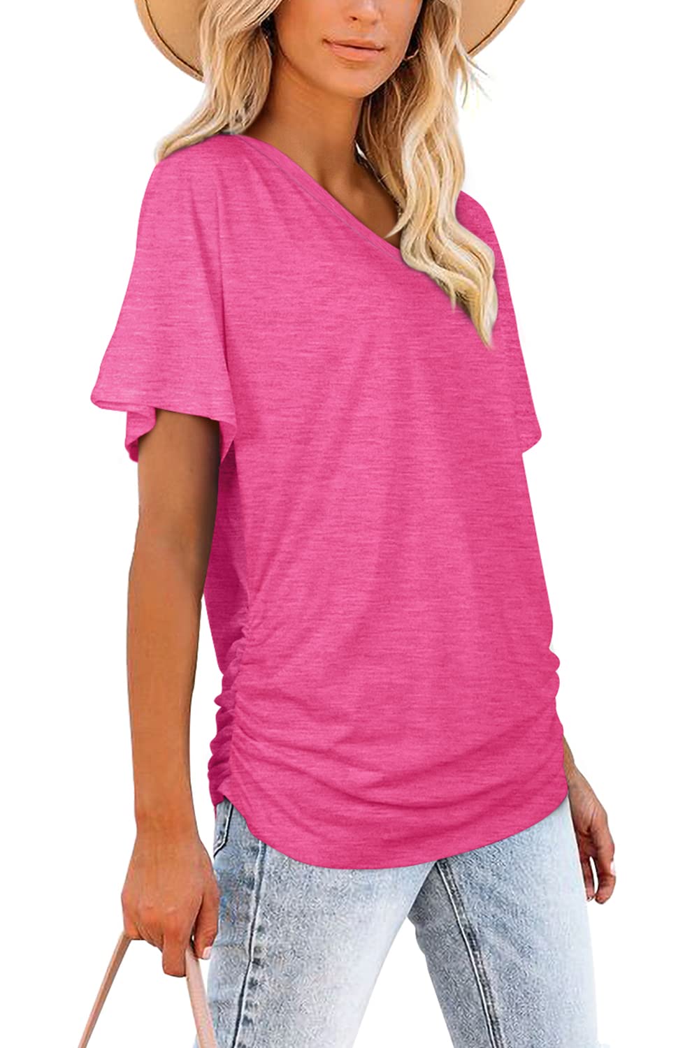 2025 New Women's Short Sleeve V Neck Dolman Tops with Side Shirring(buy 3 free shipping)