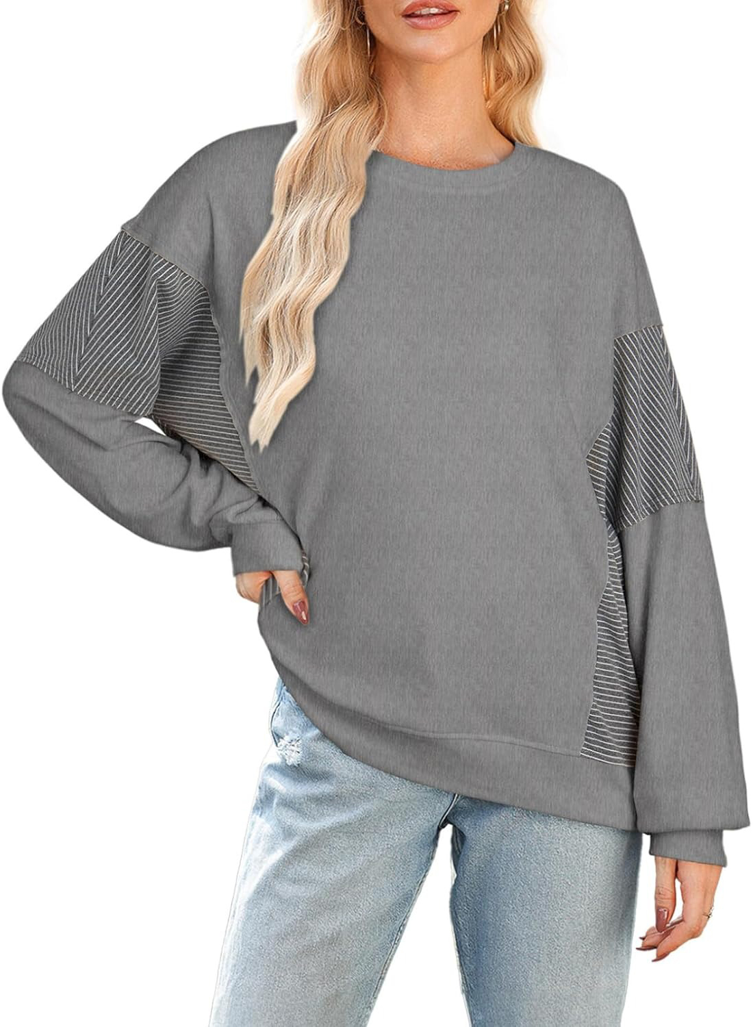 Women's Crewneck Patchwork Stripe Long Sleeve Pullover Sweatshirts
