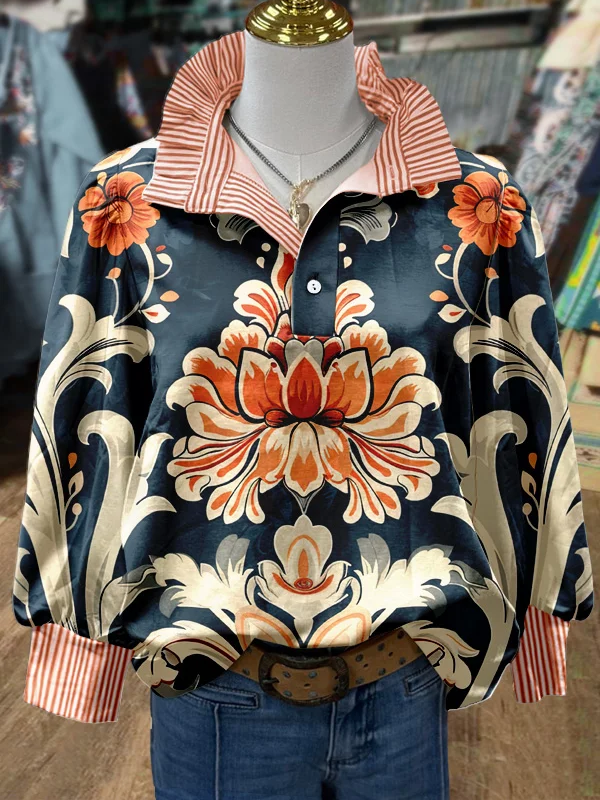 Vintage Floral Print Striped Collar Top