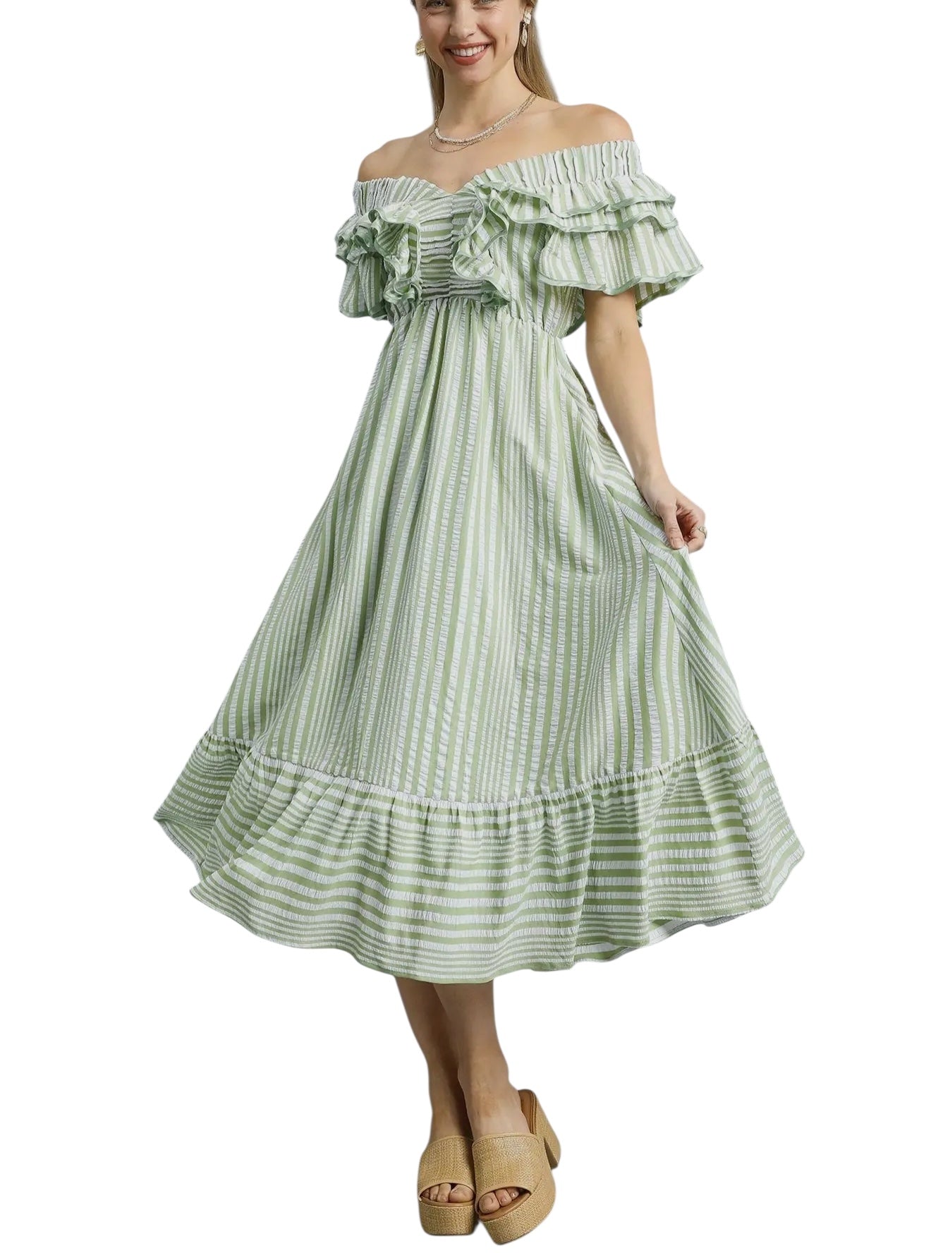 Women's Elegant V-neck Striped Ruffle Detail Midi Dress(Buy 2 Free Shipping)