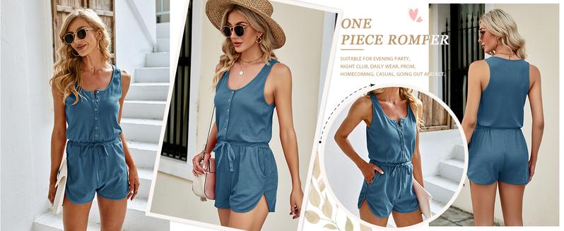 Product Introduction of Tankaneo Women's Summer Scoop Neck Sleeveless Button Down Tank Top Rompers Elastic Waist Shorts Outfits with Pockets 7
