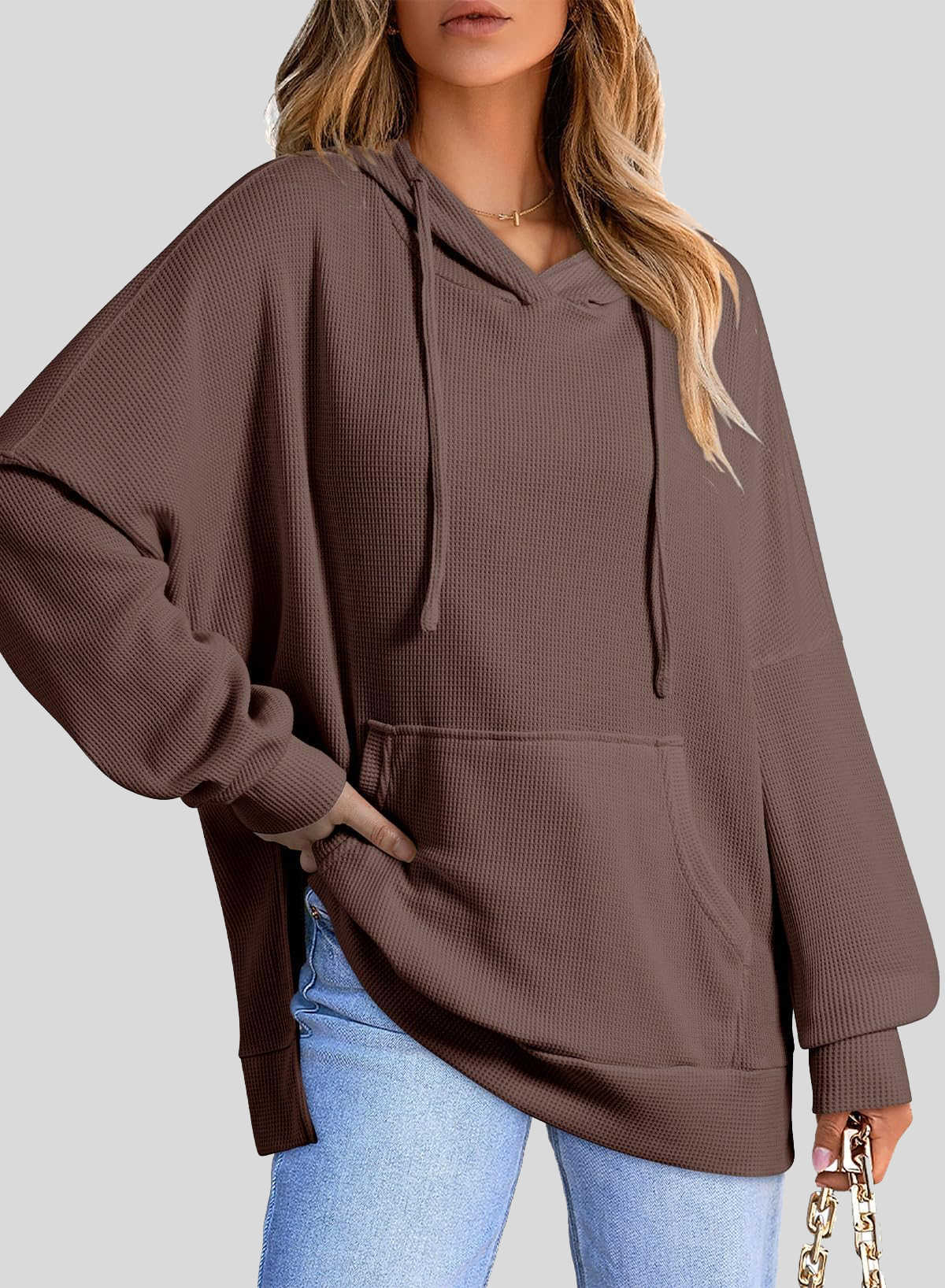Oversized Hoodies for Women Waffle Knit Drawstring Side Slit Pullover Sweatshirts with Pocket (Final Days: Big Savings!!!)
