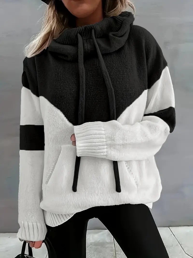Cozy Color Block Knit Hoodie with Drawstring Details (Final Days: Big Savings!!!)