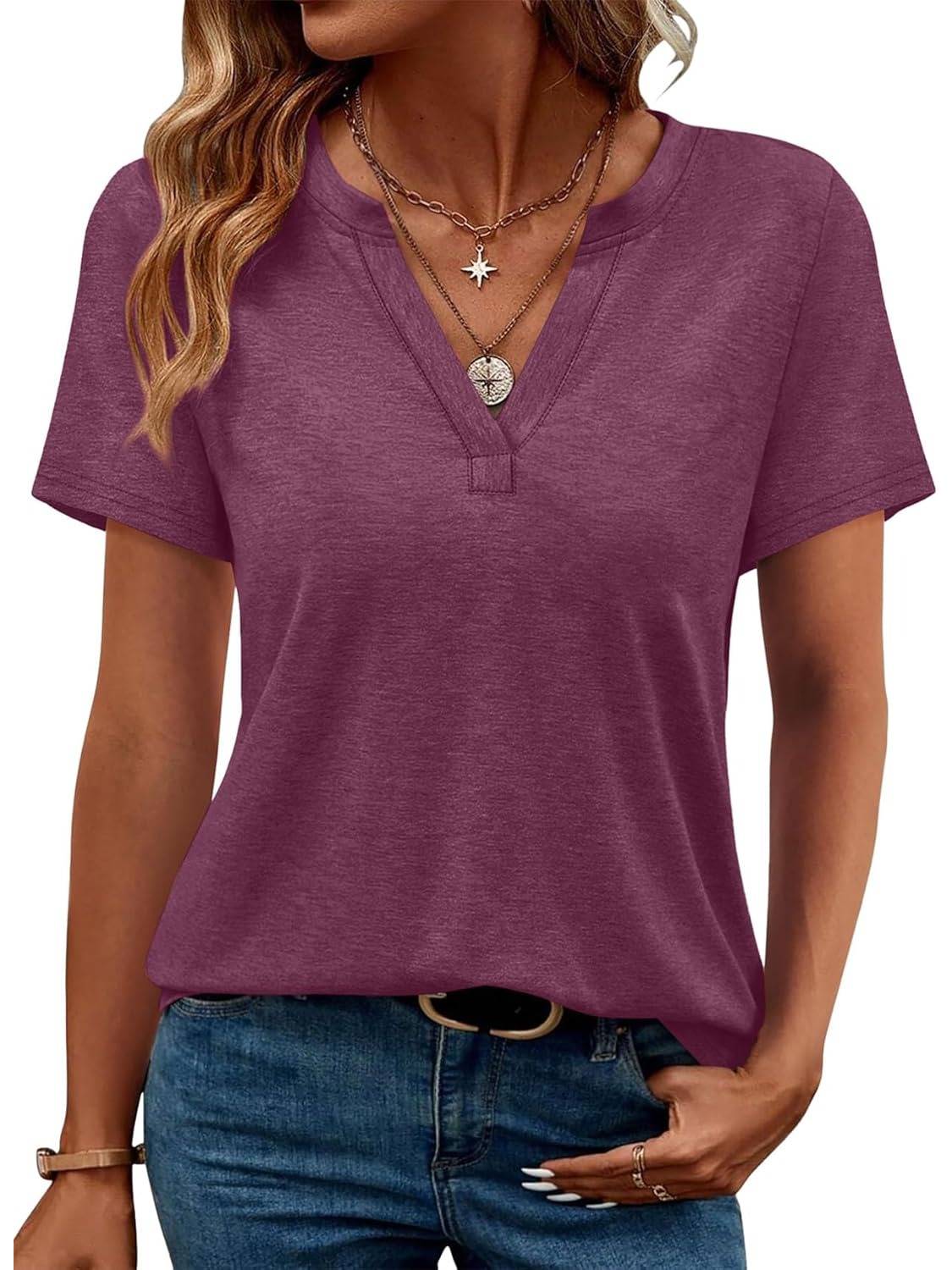 Womens Short Sleeve V Neck Casual Loose Fit T-shirts 