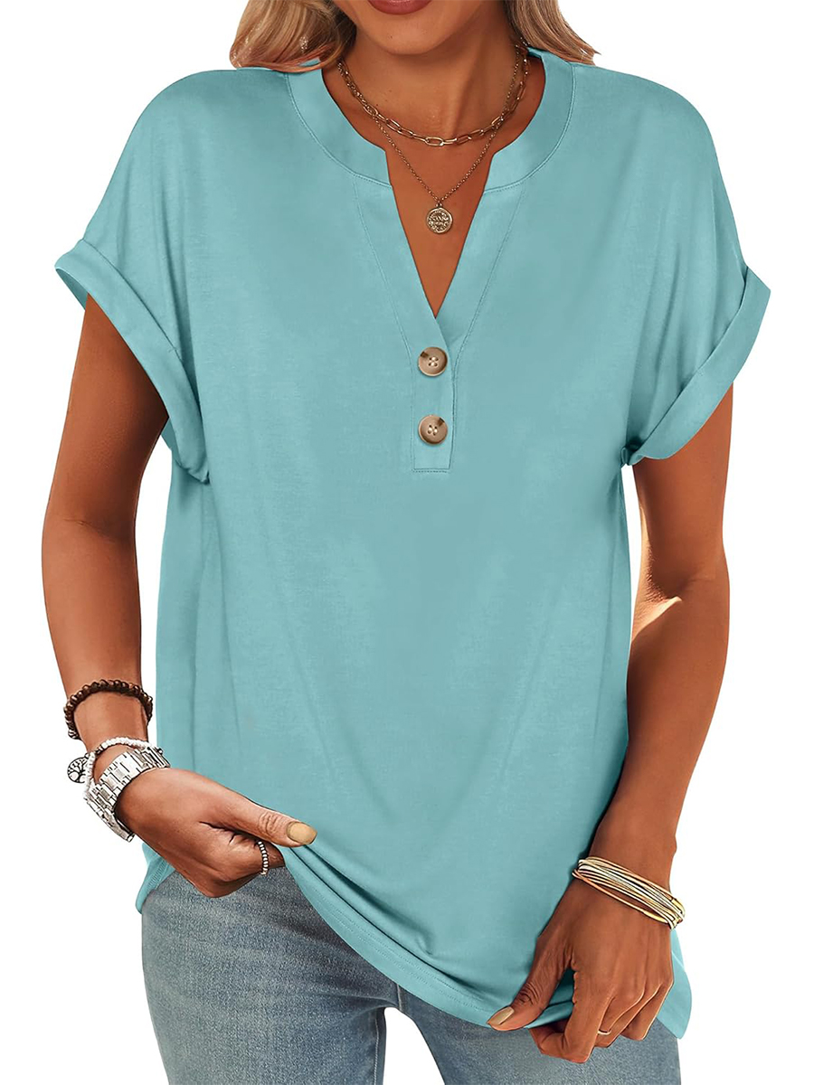Women's V Neck Button Casual Loose Fit Short Sleeve Shirts Henley Tops