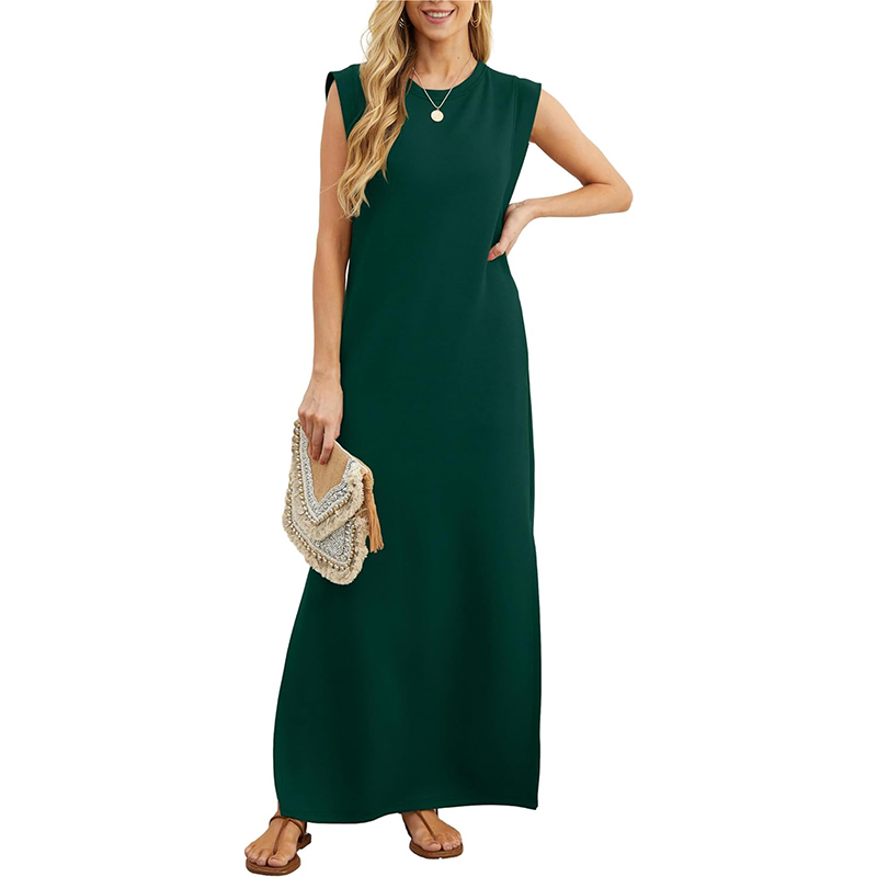 2024 Women Summer Crew Neck Casual Loose Split Wrinkle-Free Long Maxi Beach Dress with Pockets (⏰ 30% OFF TODAY)