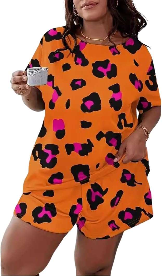 Women's Summer Plus Size All Over Print Loose Pajama Set