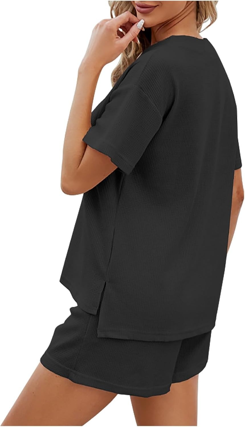 Women's Waffle Short Sleeve Button Top with Shorts Lounge Sets(Buy 2 Free Shipping)