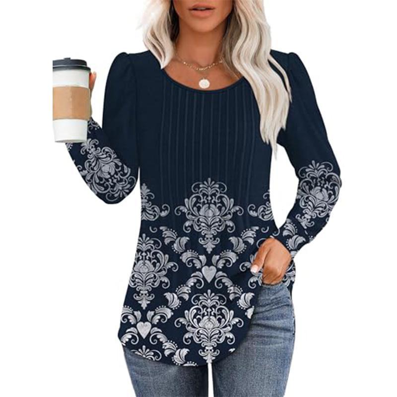 ✨Womens Dressy Long Sleeve Pleated Tops Casual Chic Crew Neck Blouses