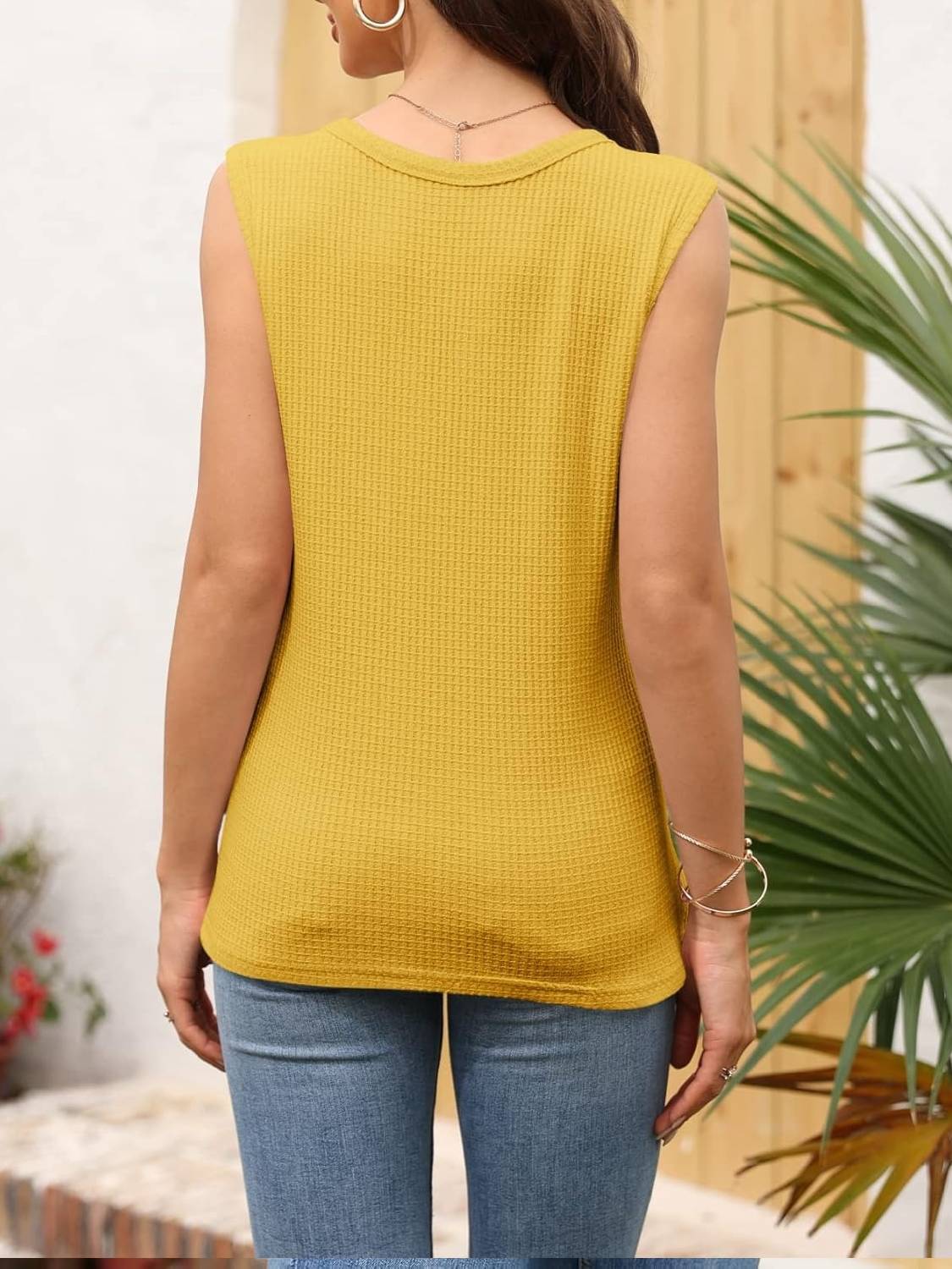 Womens V Neck Waffle Knit Summer Casual Sleeveless Loose Tank Tops