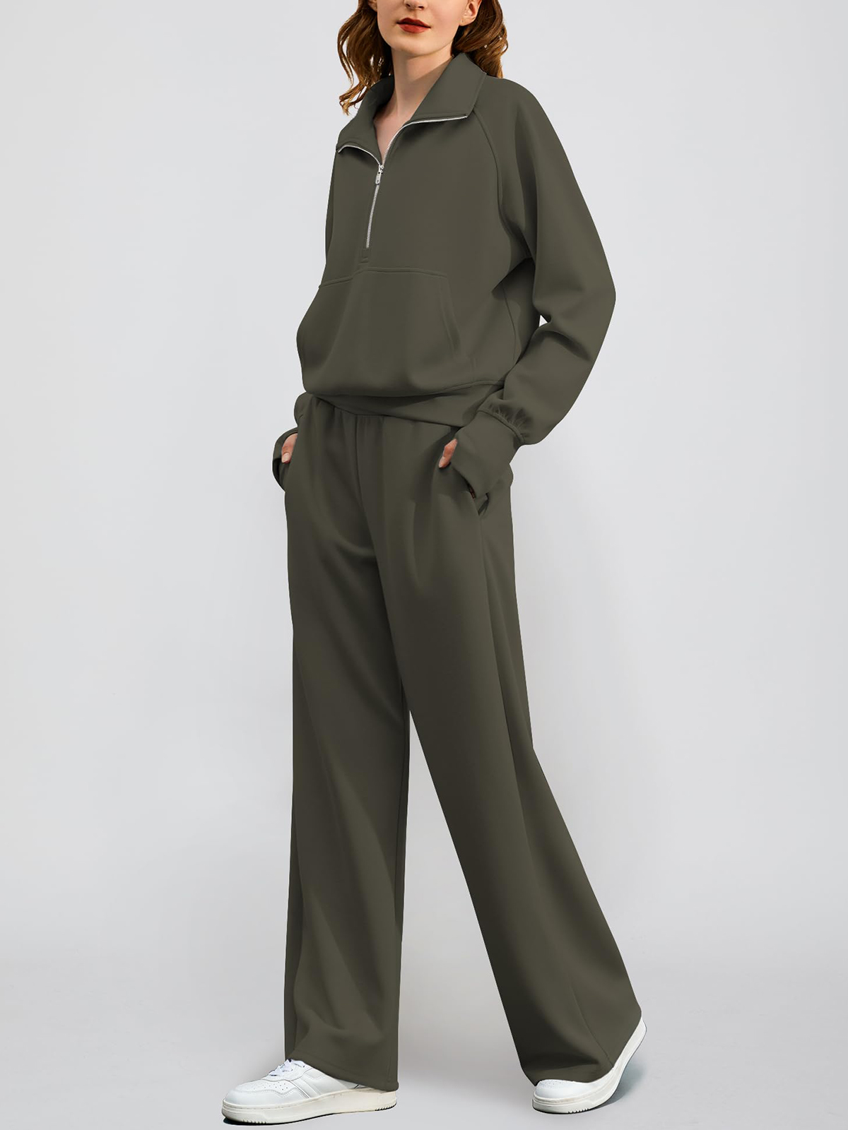 Women's Oversized Half Zip Wide Leg 2 Piece Outfits Lounge Set