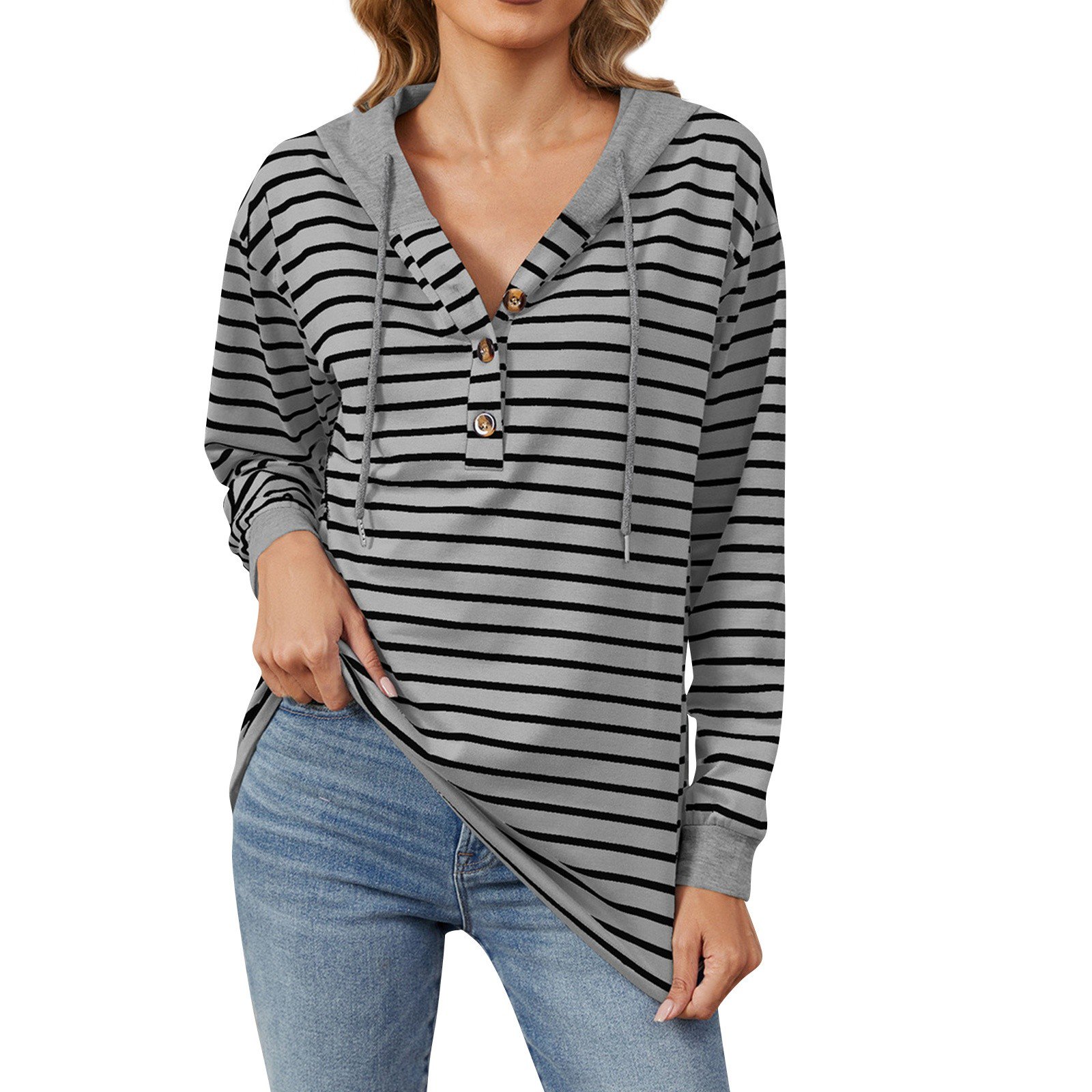 Drawstring Striped Long Sleeve Hoodie