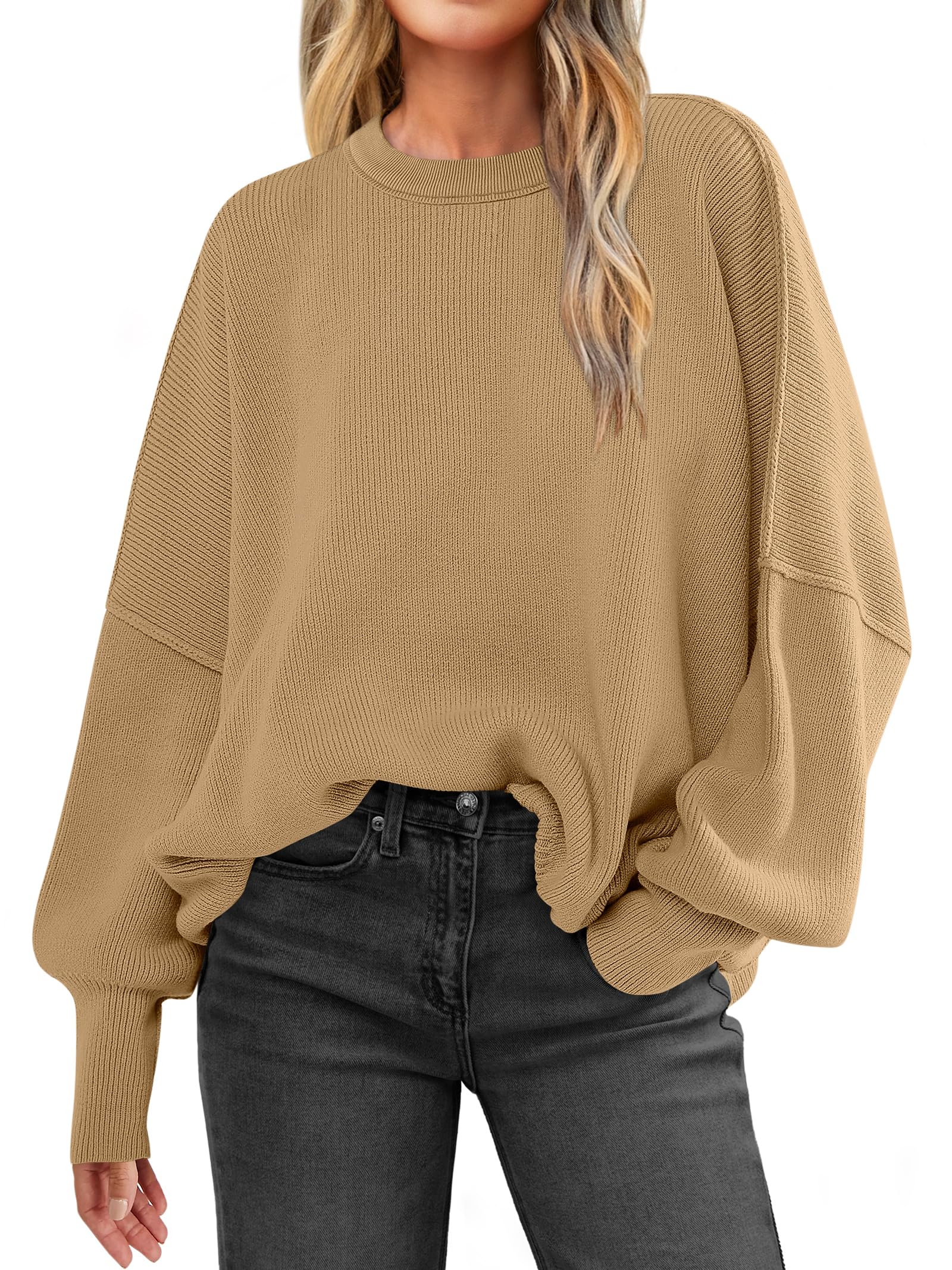 Women Oversized Side Slit Ribbed Knit Pullover Sweaters Top 