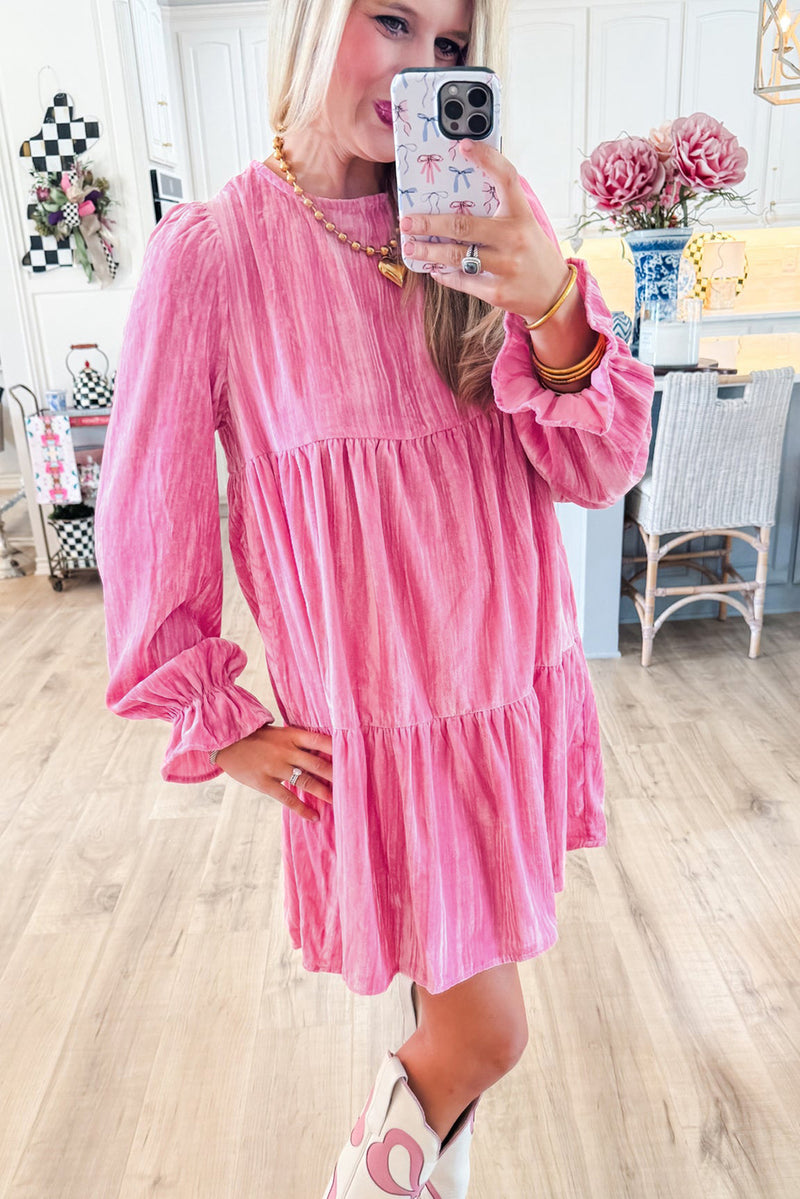 Strawberry Pink Flounce Sleeve Tiered Ruffled Velvet Mini Dress (Final Days: Big Savings!!!)
