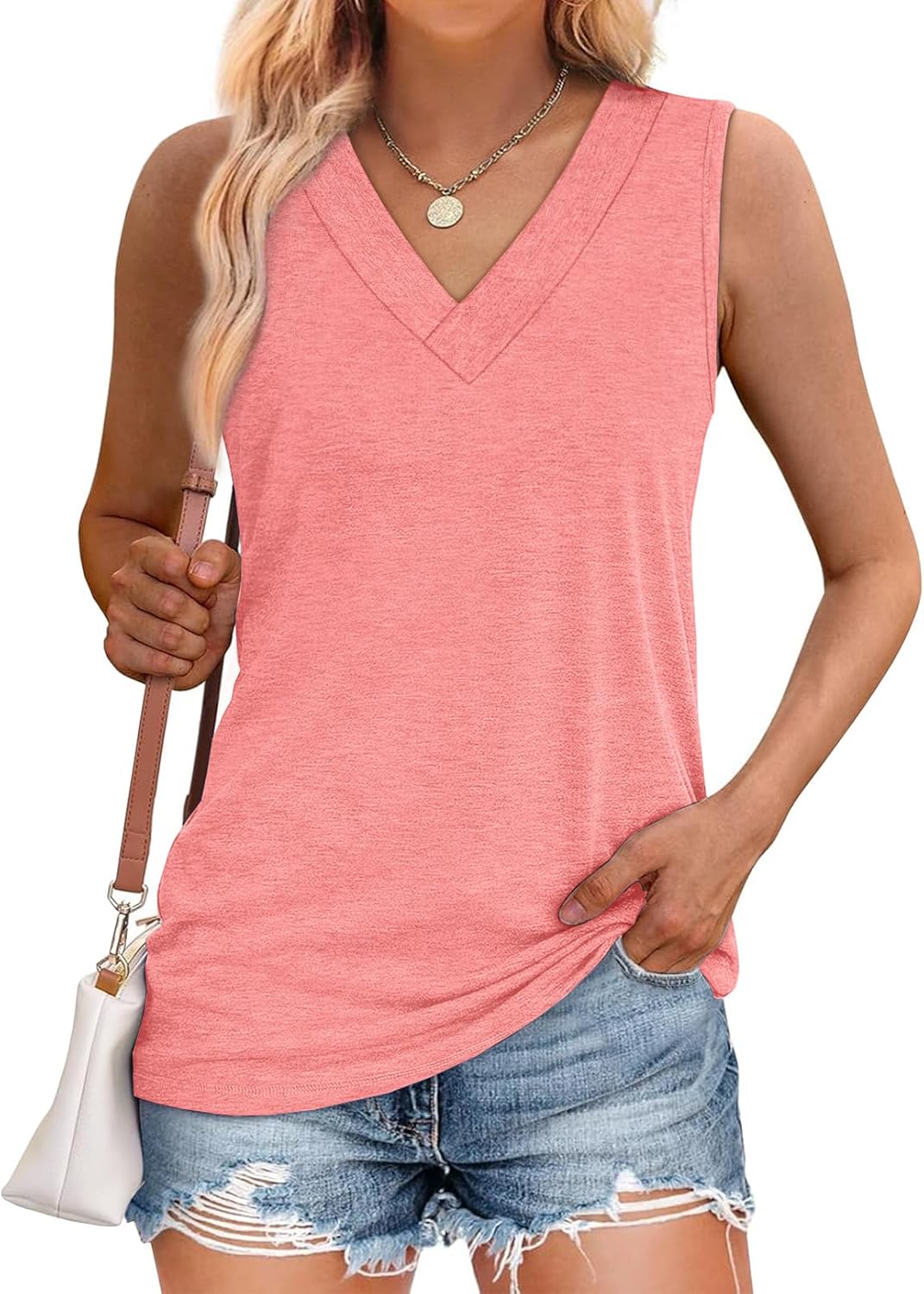 Women Summer Loose Fit V Neck T Shirts Trendy Sleeveless Basic Tank Tops 