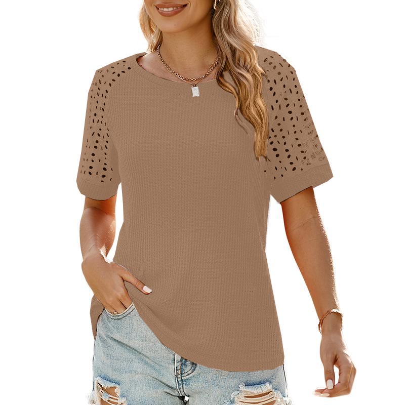 Women Casual Round Neck Waffle Grid Patchwork Hollow Out Embroidered T-Shirt