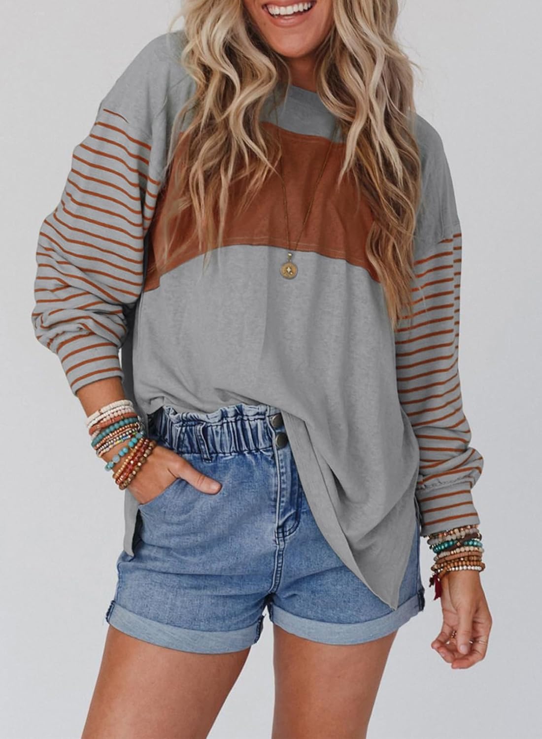 Round Crew Neck Casual Color Block Womens Shirts Blouses (Final Days: Big Savings!!!)